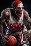 Placeholder: a photorealistic 12k ultra-high-definition rendering of an attractive but mean and cool looking zombie, upclose captured in a dynamic action shot dunking the ball, Wearing a red and white skinny NBA shirt with nail scratch marks, a cool usa sweatband, trendy basketball sneakers, black tights, product photography focus, an explosive and dark background