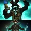 Placeholder: a cyberpunk hacker pirate captain skeleton holding beer with a pirate hat sitting in front of a huge old crt monitor in a dark room , only light coming from crt monitor, highly detailed, intricate, digital art, trending on artstation, trending on cgsociety, by greg rutkowski