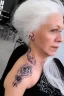 Placeholder: a woman white hair luxury stlye tatto in a street