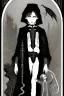Placeholder: 7 year old boy, necromancer, friendly, looks dead,with a long lamprey emerging from his belly , wearing black robes, in the style of Harry Clarke