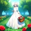 Placeholder: very gorgeous anime girl wearing a yellow and white dress ,standing in a meadow of flowers, spreading rose pedals on the ground. beautiful eyes and a stunning smile, blue eyes, two blue eyes, perfect nose and rosy cheeks and red lips. girl is holding a basket with flowers in it. girl has flawless face