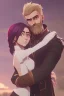 Placeholder: Anime man with beard, handsome and happy, holding wife. Romantic and in love