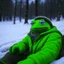 Placeholder: pepe the frog in the chilling on the winter camping in cold Siberian forest