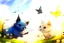 Placeholder: two cute anime chibi cats on either side of the picture looking at a pigeon in the top centre of the picture, flying with an envelope in its mouth in sunshine, flowerfield, watercolor and black ink outlines, ethereal, cinematic postprocessing, bokeh, dof