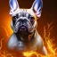 Placeholder: a detailed illustration of a french bulldog, phoenix bird wallpaper, luminescent body, full body, symmetrical body, realistic, glowing muscles, sharp focus, meticulously detailed, soft evening sky, 64k