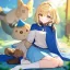 Placeholder: Clear focus, High resolution, Rough line, cute, cartoon style, blonde short hair, golden eyes, long locks, spiky hair, wearing a white sleevless shirt, wearing a blue cloak, wearing a light blue skirt, wearing white long socks and brown shoes, smiling, 1girl, sitting