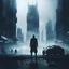 Placeholder: Ground level dark futuristic city scape. mist near the ground. silhouette of one man. he is standing next to a car