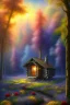 Placeholder:  romanticism, mystical forest, wooden cabin, Neo-Impressionism, mystical, purple blue yellow silver teal black olive azure, red, pink, brown, flowers,