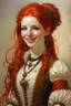 Placeholder: Traditional oil painting. It's the portrait of a young steampunk woman. She has braided red hair. She is a magician. She is softly smiling. She is wearing a leather and lace white corset dress, with light background.