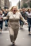 Placeholder: an obese terrified blonde woman crying and sobbing in a pant suit desperately running away from an angry mob of thousands of kids chase her down a city street while holding books