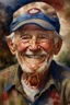 Placeholder: an expressive painting of old man wearing a baseball hat smiling painting, we might see a companion with features of absolute strength and determination, blended with warmth and deep faith. Perhaps his face expresses wisdom and courage, with eyes radiating confidence and faith.in American flag in the background