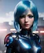 Placeholder: Cyborg anime warrior, light blue hair, bob hairstyle, cobalt eyes, pierced ears, waist up portrait, 8k resolution, intricate details, ornate details, soft lighting, vibrant colors, retroanime, masterpiece, intricate eyeliner, dark eyeshadow, eyes, intricate tattoos, futuristic cityscape background