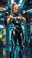 Placeholder: Futuristic female bodybuilder in a sleek black and silver jumpsuit, with a chrome exoskeleton and glowing neon accents, posing powerfully in a high-tech gym filled with holographic displays and advanced equipment, her defined muscles shining under cool sterile lights, in a cyberpunk style inspired by H.R. Giger, Syd Mead, and Ash Thorp.