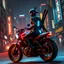 Placeholder: In a post-apocalyptic city at night, neon Asian cyborg ninja female warrior with katanas strapped to her back riding a road warrior style chopper