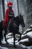 Placeholder: portrait of black knight on horse with red feather on stone bridge in mountain pass in snowy forest,shot on Hasselblad h6d-400c, zeiss prime lens, bokeh like f/0.8, tilt-shift lens 8k, high detail, smooth render, down-light, unreal engine, prize winning