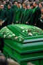 Placeholder: A funeral where a lot of people carry green coffins with high-quality detail and precision .