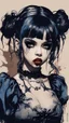 Placeholder: Poster in two gradually, a one side malevolent goth vampire girl face and other side the Singer Melanie Martinez face, full body, painting by Yoji Shinkawa, darkblue and sepia tones,