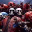 Placeholder: a picture of a dark, comedic, anatomically correct wall of red white and blue tightly packed stacked cyborg skulls of varying sizes and expressions, photo realistic, insanely meticulous, highly detailed, part of a collection of bones on display, 64k, dystopian, vray