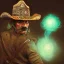 Placeholder: Insanely detailed photograph of an “ a mustachioed midevil cowboy warrior "with worn Sombrero, handsome charo,cigar,glowing bluish green orb in outstretched hand, hyperdetailed painting by Ismail Inceoglu Huang Guangjian and Dan Witz CGSociety ZBrush Central fantasy art album cover art,8K, hdr, mysterious, flickeringlights ,Stoic