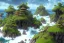 Placeholder: high quality matte painting of a stormy ocean and little lush organic islands, ecosystem, highly reflective water, japanese bunka period architecture, book of later han, randomly placed tiny buildings, intricate, detailed, waves, spume, small minutiae, spindrift, tiny features, ripples, particulars, sharp lines, digital art, sharp focus, volumetric clouds, perspective ground level camera view, 8k, realistic shaded volumetric lighting, ambient occlusion, sunlight caustics, uhd, art by sam curry