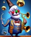 Placeholder: mechanoid old friendly fat clown with trimmed beard playing jazz with a steampunk theme, trumpet, realistic