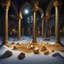 Placeholder: Hyper Realistic Big golden Crystallised rocks on snow Inside a Dark Abandoned Mosque with beautifully crafted pillars at dark night