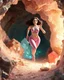 Placeholder: make a picture pretty crystal cave covered with jwellary and 3d recursive cubic and sphere base pearls and Gemstone species, a beautiful goddess lady with cute,curvy hair,makeup, in pretty sports suit with jewels is running inside cave ,dynamic camera fallow her inside cave capturing full body, dynamic lights.