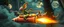 Placeholder: hairy macho gremlin octopus lizard aliens living in a hi tech marvellous hot dog art graphics and gems on rocket with a mounted sling shot mega harpoon, heading for venus , background motion blur and smoke swirls, and cheeky slug rhino through giant ancient forest
