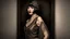 Placeholder: Full Body, burlesque Woman With A Bob With A Fringe Hairstyle, 1920s flapper style Clothing, Steampunk, Black Background, photorealism