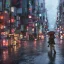 Placeholder: behind photo A young boy walking streets in tokyo post apocalyptic, rain