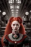 Placeholder: Insanely detailed closeup vintage black-white-and-red portrait of a pale skinned 25yo redhead russian woman with eye shaddow and long eye lashes and a pony tail, in a victorian manufacturing plant by CGSociety, awwchang, James Christensen, Pixar, character design, digital illustration, detailed background, Norman Rockwell, Carne Griffiths, Gil Elvgren, Leonardo DaVinci, 8k resolution, Pixar, Lou Xaz, cinema 4d