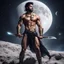 Placeholder: Hyper Realistic Shirtless Muscular Young Handsome king with beard & black hair on moon with his sword in outer space