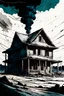 Placeholder: create a dreamscape illustration of a farmhouse disintegrating in a massive, violent tornado , with highly detailed features, in the comic art style of FRANK MILLER and BILL SIENKIEWICZ, searing lines and forceful strokes, precisely drawn, boldly inked, with gritty textures, dark and dramatic otherworldly lighting