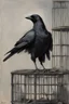 Placeholder: black and grey crow with a broken wing, sitting in a cage, by Monet