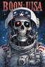 Placeholder: A close up of a skeleton face looking shocked, in an astronaut helmet and suit floating in space. inside the hollow eyes are red shining lights, scary. On his suit is an American flag and in his one hand is a small wavering American flag, on it is written "boned in the USA". From the back of his suit is blowing out blue, white and red smoke. Realistic, 8k, highly detailed, funny