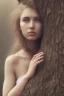 Placeholder: Oak tree roots holding woman inside, misty sunny day, close-up portrait