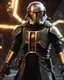 Placeholder: star wars bald male corellian pilot wearing pearlescent black and gunmetal grey First Order special forces heavy assault stealth commando armor and helmet with gold trim inside the jedi temple, hyperdetailed, dynamic lighting, hyperdetailed background, 8k resolution, volumetric lighting, light skin, fully symmetric details