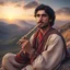 Placeholder: Hyper Realistic close-up-view of a good-looking-young-pashto-man-with-beautiful-eyes playing traditional-flute sitting on mountain at beautiful cloudy sunset with dramatic & cinematic ambiance