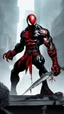 Placeholder: A close picture of Venom symbiote with kratos red tattoos and Clothes, holding blade of choice