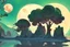 Placeholder: illustration concept art water color style for teenagers in other planet watching the moon and mountains having adventure two teenagers mystery weird cretures trees exiting