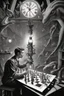 Placeholder: news paper journalist horror harlequin playing burning chess geese dinosaur reptiles in very bright light bulb factory on the bridge with twisted ladders with the most a confused look on his face in front of a huge glass prism clock with angels, in the style of Escher and Giger