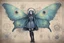 Placeholder: Jean-Baptiste Monge style hand drawn technical illustration with detailed blueprints and engineering schematics of a walking hybrid Luna moth goth girl, with highly detailed facial features with multi cellular eyes, drawings, and technical notation, 8k, vibrant natural colors,