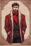 Placeholder: young man in mid 20's, medieval, fighter, russian, croocked nose, czar, rich, simple clothes, short messy hair, thick beard, oligarch, leather coat with fur, brocade clothes, pencil drawing, black or red hair, muscles, background frame