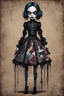 Placeholder: full color, full body illustration of a dark menacing Victorian goth vampire girl, ala Wednesday Addams, as a decayed, broken, crude homemade patchwork cloth doll toy, with contrast stitching across her patchwork face, hair made from ragged strips of cloth, art in the style of Alex Pardee and Tim Burton