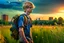 Placeholder: A detailed photo of a scruffy fifteen year old blond boy wearing a backpack standing in a field with an abandoned city skyline in the background, wearing short sleeves and shorts, sunset, tall grass, bright colours, baste landscape, cinematic photography, high resolution, high quality, highly detailed.