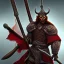 Placeholder: Demon protecteur avec un marteau de guerre en main. Armure rouge viking. Style science fiction. Ville feu