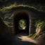 Placeholder: stone wall, there is an entrance to a dark cave, overgrown with dry ivy, the sun illuminates the entrance to the tunnel, mystical, surreal, photo