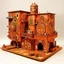 Placeholder: An orange colored mechanical factory with magnets designed in Moroccan rug art painted by Gustav Klimt