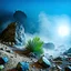 Placeholder: A striking quality Kodak photograph captures a wasteland with monsters and group of plants, creepy, details of the dust very accentuated, glossy organic mass, adorned with minerals and rocks. Bathed in intense light, eerie, Max Ernst style, blue sun, fog