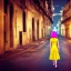 Placeholder: Beautiful lonely girl who walks along a street without people at dawn. You see her from behind. She wears a very short yellow dress. She has short pink hair with glowing crystals. Full body, 8k resolution concept art. Professional Photo HD. Stylish. Warm vivid colors. Panoramic